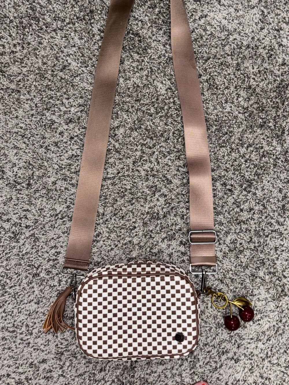 Women’s Checker Crossbody Bag in Brown and White with Adjustable Strap